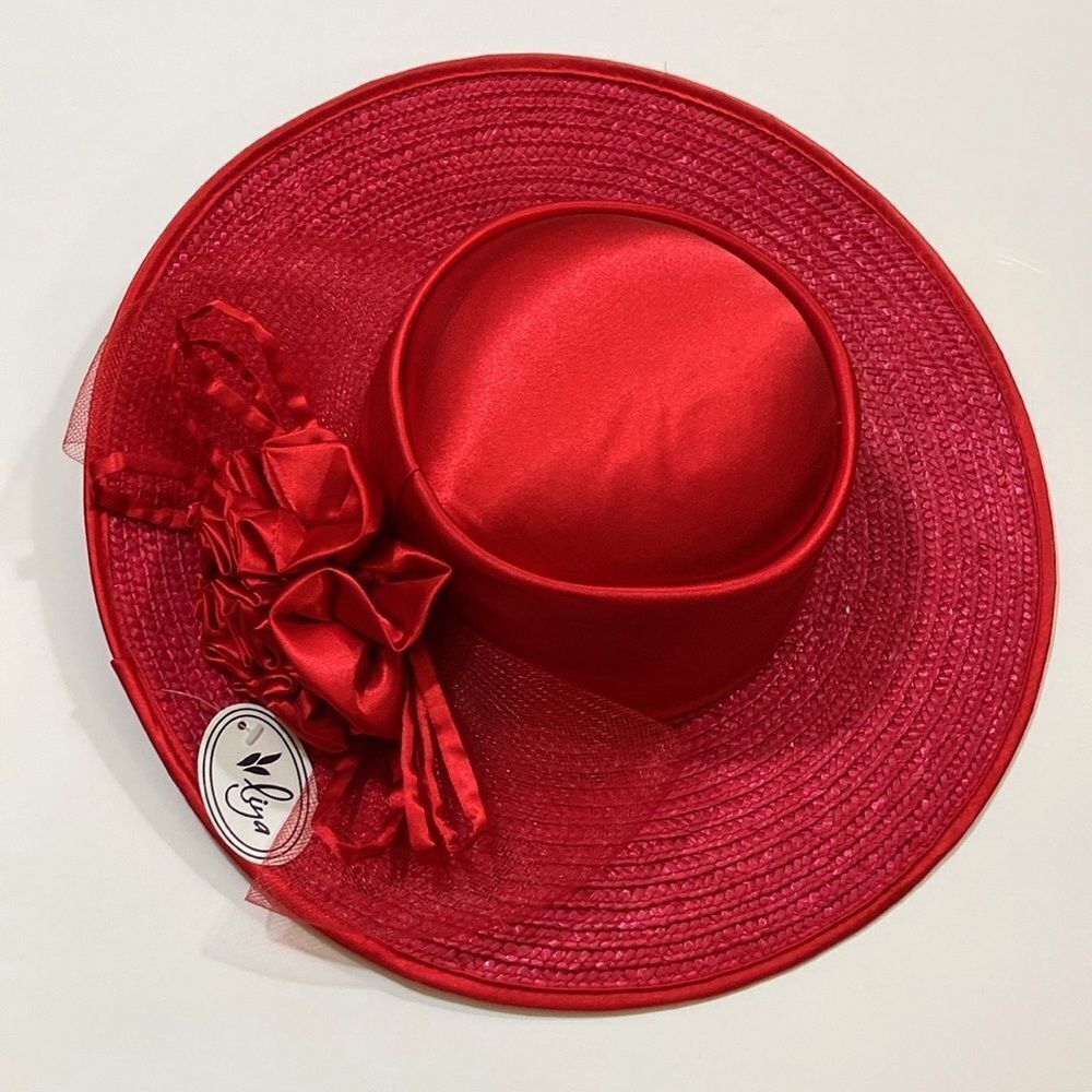 Liya 💯 Straw Women’s Elegant Red Wide-Brimmed Hat With Floral Embellishments - Picture 2 of 14